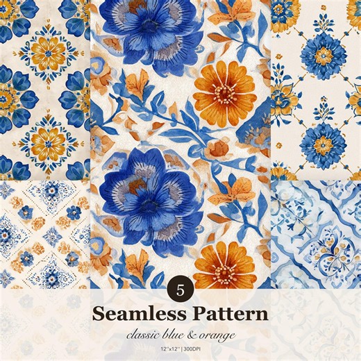 Blue and Orange Watercolor Floral Seamless Pattern, Hand Painted Botanical Repeat Design, Cottagecore Vintage Style Digital - Etsy