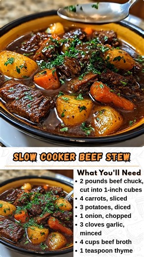 Slow Cooker Beef Stew This hearty beef stew is slow-cooked until the meat is melt-in-your-mouth tender, the vegetables are soft, and the broth is rich and flavorful. It’s the ultimate comfort meal, perfect for chilly days and family dinners. What You'll Need 2 pounds beef chuck, cut into 1-inch cubes 4 carrots, sliced .............. Full Recipe in Coʍmеոτ 💬 | Fascinating Recipes