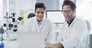 Scientist, man or woman with laughing in laboratory for comedy, joke or funny with laptop and hand gesture. Science, employee or people in lab with happiness, collaboration or investigation and comic