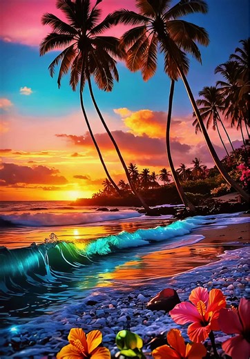 4K Live Wallpaper | Tropical Sunset Beach Fantasy & Neon Coast Oasis 🌺💐🌊🌴🐠 💠 Glowing tropical sunset beach fantasy light drifts across a radiant neon coast oasis, where warm twilight colors melt into shimmering waves and luminous evening air. Soft reflections ripple along the shoreline as palm silhouettes sway gently, immersing the coast in a dreamy fusion of sunset fire and tropical calm. A soothing blend of tropical sunset ambience, fantasy beach glow, and serene neon coast oasis light c