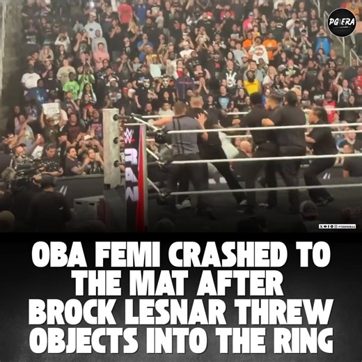 Oba Femi went crashing down in the ring after Brock Lesnar hurled objects inside, creating absolute chaos.