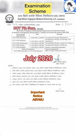 BOT 7th Sem. Examination Scheme July 2026#ABVMU#alliedhealth#alliedhealthscience#alliedandhealthcare
