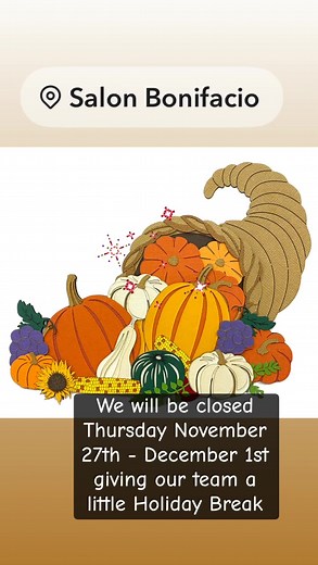 As a reminder we will be closed Thursday thru next Tuesday. But... Don't worry we can still get you ready before the holiday! We have a couple Color openings for Tuesday at 12:00 and Wednesday for 12:00 and 3pm. Call the salon at 947-8364 or use our online booking system to reserve your spot. | Salon Bonifacio | Facebook