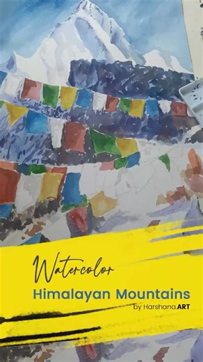 Peaceful Watercolor Painting – Himalayas with Prayer Flags