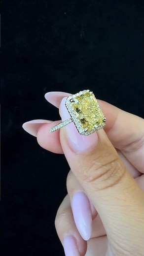 4CT Radiant Cut Canary Yellow Lab Grown Diamond Engagement Ring w/ Pave Band and Halo | By Karaters