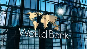 World bank typographical concept - world map, office buildings and sun reflection. 3D 4k animation (3840 x 2160 px).