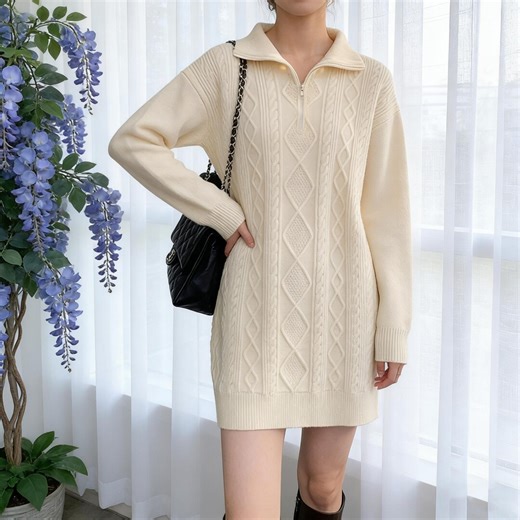 Half Zip Cable Knit Sweater Dress for Women, Oversized Long Sleeve Knit Pullover, Fall Winter Cozy Knitwear, Casual Dress, Trendy Streetwear - Etsy