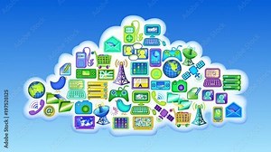 Cloud computing. Loop animation of digital devices and communication icons in a cloud. Includes TV, satellite dish, video game, computers, tablet, smart phone, GPS & lots more symbols!