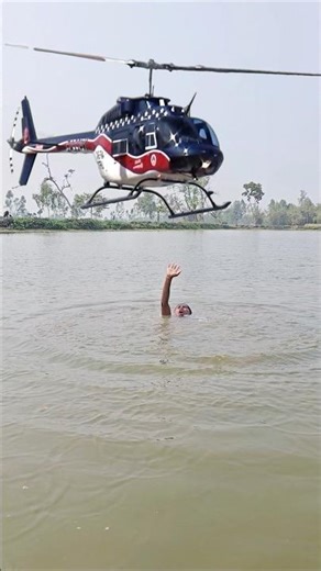 Helicopter first flying a village River and open Sky