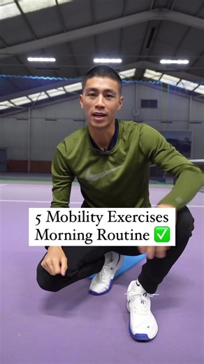 5 Mobility Exercises Morning Routine ✅Rep range 6-8 reps per exercise/ side (more if needed 😊)1. Cat Cow2. Downwards Dog to Upwards Dog3. 90/90s4. Hip to Hamstring5. Spinal twistsCredit: @tenniswithdylan | RISE Training