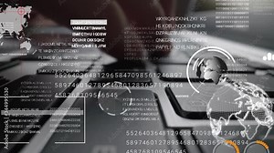 Man working on laptop computer keyboard with graphic user interface GUI hologram showing concepts of big data science technology, digital network connection and computer programming algorithm.