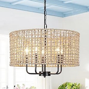 18.9" Hand-Woven Rattan Chandelier 5 Lights Farmhouse Boho Chandeliers for Dining Room Light Fixture Drum Wicker Hanging Pendant Lighting for Living Room Kitchen Island Foyer Hallway, E12
