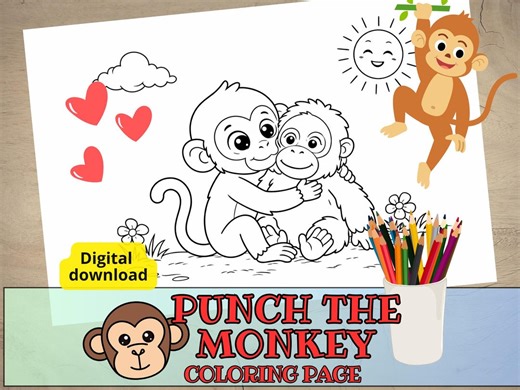 Viral Punch Monkey Coloring Page Printable, Cute Kawaii Monkey Hugging Plush Toy, Kids Animal Coloring Sheet, Creative Nursery Wall Art - Etsy Canada