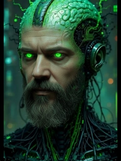 High-Tech Cybernetic Transformation ☠️ #fyp #cyberpunk #ai #aiart #grok ​A hyper-realistic, cinematic portrait of a middle-aged man with a weathered face and a thick, groomed grey beard, undergoing a high-tech cybernetic transformation. ​Key Features: ​The Head: His skull is partially replaced by a translucent, glowing green dome that reveals a pulsating, bio-luminescent brain. Glowing neon green circuit patterns and fiber-optic wires emerge from the scalp like a digital crown. ​The Eyes: Intens
