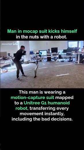 Man in mocap suit kicks himself in the nuts with a robot.