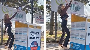 Charlotte McKinney dances while dropping off her ballot in LA