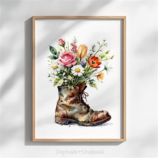 Floral Boot Planter Watercolor Print – Vintage Cottagecore Art (digital Download) - Etsy
