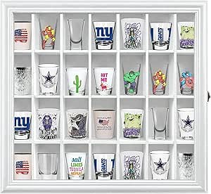 Shot Glass Display Cabinet Solid Wood - Large Display Case for Collectibles | Man Cave Accessories | UV Protection Acrylic Door | Wall Mounted Black Shadow Box | 28 Divided Slots | 18" x 16"