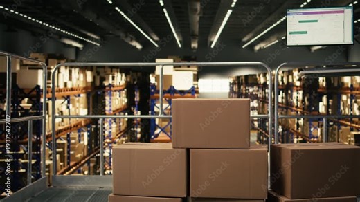 Empty logistics warehouse with computer monitor running tracking software for express delivery and e-commerce operations. Screen presents airway bill numbers on industrial platform.