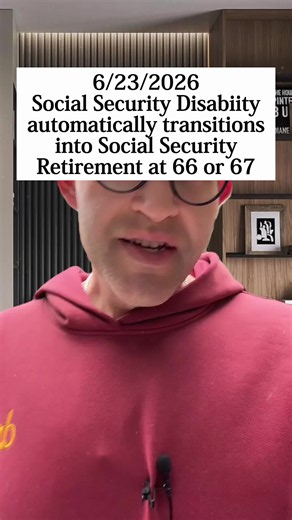 When a Social Security disability recipient reaches their full retirement age, generally between 66 and 67, their benefit automatically transitions to being Social Security retirement benefits. You do not need to reapply or do anything, it happens on its own. ##ssa##disability##ssi ##disabilitybenefits##Socialsecuritydisability##ssdi##disabilitylawyer##socialsecurity