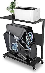 Computer Tower Stand, C-Shape Large PC Stand Gaming Computer ATX-Case Storage, 2-Tier Mobile CPU Holder Cart Laptop Standing Table with Rolling Wheels for Home, Office, Black