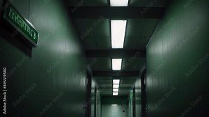 The video shows a long, narrow hallway with green walls, a fire exit sign, and several overhead lights.