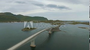 The aerial clip of the famous, picturesque Lofoten bridges near Fredvang