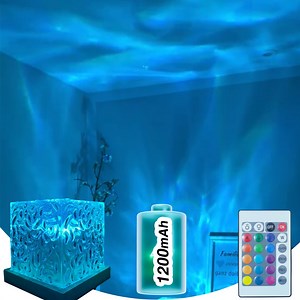 Ocean Wave Projector Light Cordless - Battery Operated Under Water Lamp Cube Northern Lights Aurora Projector Rechargeable Night Light for Shower Bedroom Stress Relief