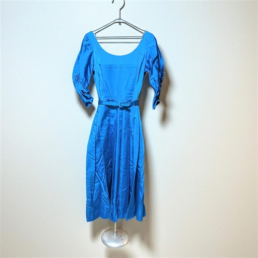 Vintage 1950s Blue Satin Dress Puff Sleeve Party Dress Scoop Neck - Etsy
