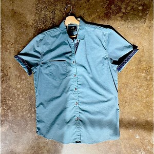 Craft   Flow electric blue and yellow geo-print, half-sleeved, button down shirt