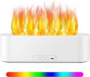 Timeable Flame Air Humidifier, Upgrade 7 Color Flame Fire Lights Essential Oil Diffuser Waterless Auto Off 150ml Aromatherapy Diffuser for Yoga, Large Room, Bedroom, Office (White)