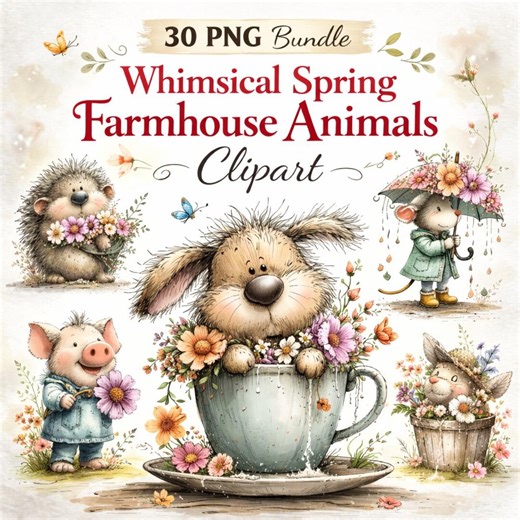 Whimsical Spring Farmhouse Animals Clipart Bundle 30 PNG, Cottage Garden Storybook Art - Etsy