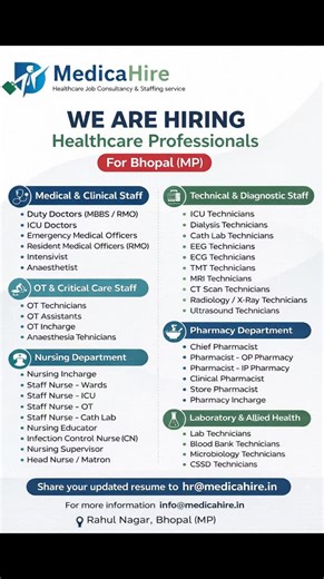 Medica Hire on Instagram: "📢 𝗪𝗘 𝗔𝗥𝗘 𝗛𝗜𝗥𝗜𝗡𝗚 | 𝗛𝗲𝗮𝗹𝘁𝗵𝗰𝗮𝗿𝗲 𝗣𝗿𝗼𝗳𝗲𝘀𝘀𝗶𝗼𝗻𝗮𝗹𝘀 🚨 📍 𝗕𝗵𝗼𝗽𝗮𝗹, 𝗠𝗮𝗱𝗵𝘆𝗮 𝗣𝗿𝗮𝗱𝗲𝘀𝗵 𝗠𝗲𝗱𝗶𝗰𝗮 𝗛𝗶𝗿𝗲 is hiring qualified & dedicated healthcare professionals for reputed hospitals and healthcare institutions in Bhopal (MP). 🔵 𝗢𝗽𝗲𝗻 𝗣𝗼𝘀𝗶𝘁𝗶𝗼𝗻𝘀 🔹 𝗠𝗲𝗱𝗶𝗰𝗮𝗹 & 𝗖𝗹𝗶𝗻𝗶𝗰𝗮𝗹 𝗦𝘁𝗮𝗳𝗳 • Duty Doctors (MBBS / RMO) • ICU Doctors • Emergency Medical Officers • Resident Medical Officers (RMO) • Intensivist • An