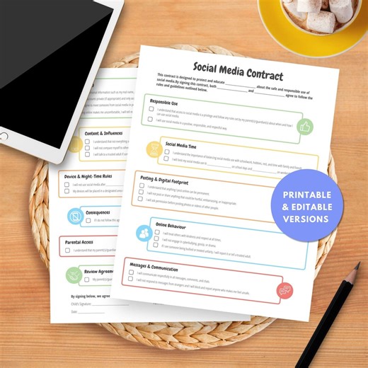 Printable Social Media Contract, Device Agreement for Kids, Screen Time Guidelines, Parent Child Technology Contract, Customise With Canva - Etsy