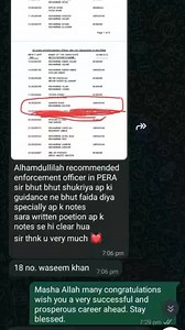 Success story/feedback of Waseem Khan, from Sargodha, who has secured allocation as Enforcement Officer in PERA (Punjab Enforcement and Regulatory Authority), Government of Punjab. He has done his preparation for the written exam from my specially made notes. Also he has availed guidance throughout his preparation journey. High quality notes and preparation material for different government job tests and interviews are available. Evaluation services for different competitive exams are also avail