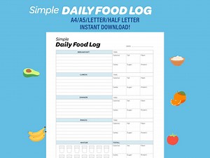 Simple Daily Food Log Tracker Printable, Track Food/meals, Calories, Sugar, Fat, Fiber and Protein A4/a5/letter/half Size, Instant Download - Etsy