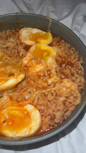 Delicious Buldak Noodles with Soft Boiled Eggs