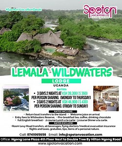 OMG !! UGANDA IS CALLING!! Lemala Wildwaters Lodge. Nestled in a luxuriant rainforest on its own private island, mid-stream in the mighty Nile, Lemala Wildwaters Lodge is breathtaking.The Lodge lies on a unique private island mid-stream within the mighty River Nile in Uganda: around 25km downstream from Jinja in eastern Uganda.. • 3 Days 2 Nights at Ksh 39,300 ( $ 360) per person sharing. (Monday to Thursday) • 3 Days 2 Nights at Ksh 46,900 ( $ 430) per person sharing. (Friday to Sunday) (Rates 