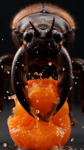 The massive jaws of the stag beetle slowly crush a piece of juicy, ripe peach🪲