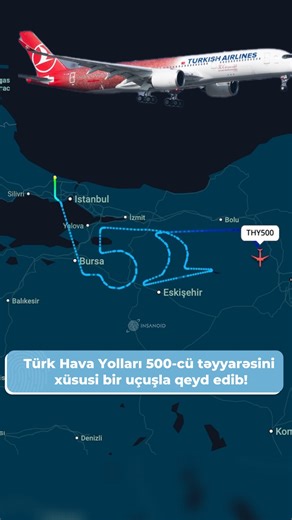 insanoid on Instagram: "Türk Hava Yolları 500-cü təyyarəsini xüsusi bir uçuşla qeyd edib! Airbus A350-900 (TC-LHH) İstanbuldan İstanbula 2 saat 46 dəqiqəlik xüsusi reys həyata keçirib. THY500 çağırış nişanı ilə uçan təyyarə şəhər üzərində səmada “500” rəqəmini və aviaşirkətin loqosunu cızıb. Yubiley təyyarəsi unikal rəngləmə dizaynına malikdir — onun üzərində Turkish Airlines-in bütün hazırkı əməkdaşlarının fotoları yer alıb. Bu, aviaşirkətin 500 təyyarə sayına çatmasında əməyi olan insanlara bi