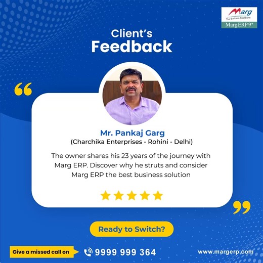 1.2K views | Mr. Pankaj Garg, Charchika Enterprises - Rohini - Delhi, the owner shares his 23 years of the journey with Marg ERP. Discover why he struts and consider Marg ERP the best business solution. ✈️ Get ready to switch to Marg ERP. Schedule a Free Demo. Connect with us at +91 9999 999 364 or visit www.margerp.com https://www.youtube.com/watch?v=Te9UJ83eH1s #accounting #software #testimonials #client #feedback #customer #reviews #margerp #margerpltd | Marg ERP | Facebook