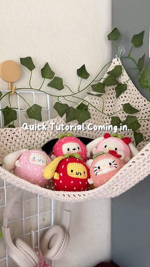 Ash on Instagram: "How To Make a Crochet Hammock 🍃Mini Tutorial This is a perfect summer crochet project that you are looking for! The pattern is super easy and simple, and this can even be a bandana if you only made like 18-20 rows and add straps! Super cool😫 And!!! My Ig just hit 20K. I am just so grateful🥹💗 Thank you so much for all the love and support. Strawberry Sanrio pattern in this video can be found on my Etsy and Kofi shops. [Links in bio] #crochet #amigurumi #crochettutorial #cro