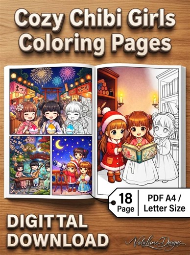 Chibi Kimono Girls Coloring Pages, Japanese Kawaii Anime Activity Book (PDF Download)