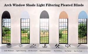 Jlong Arch Half Circle Window Shade Pleated Blinds No Tools Light Filtering Pleated Fabric Shade Arched Window Curtains for Home Living Room Bathroom Bedroom Kitchen Office, Easy to Cut and Install