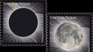 Solar eclipse postage stamp uses special ink, changes when touched
