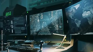 Robotic location tracking technology used my the police. Operating the modern robotic location tracking system from the control room. Robotic location tracking software locates the enemy position.
