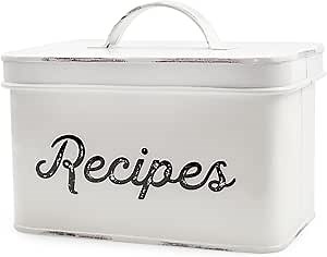 AuldHome Design Rustic White Recipe Box; Enamel Farmhouse Recipe Holder and Organizer for 4 x 6 Inch Recipe Cards