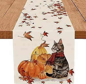 Fall Table Runner Pumpkins Cat Maple Leaf Autumn Harvest Seasonal Thanksgiving Decorations for Home Kitchen Dining Room Party Decor 13 x 108 Inch