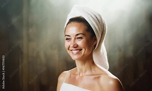 portrait of a woman wearing sauna towel in a sauna room.