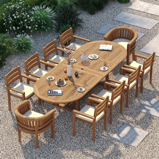 Teak Oval 2m to 3m Extending Table with 8 Marlow Stacking Chairs & 2 San Francisco Chairs – Teak Garden Dining Set